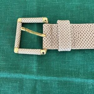 Beige Textured Leather Belt with Gold Buckle